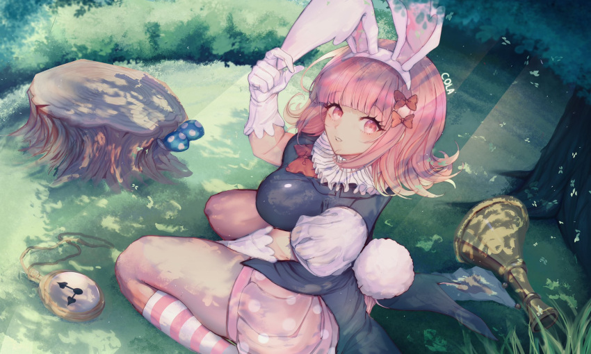 1girl alice_in_wonderland animal_ears arm_between_legs bow bowtie breasts bunny_tail c01a_(cola) dangan_ronpa dappled_sunlight day english_commentary fake_animal_ears flipped_hair gloves hair_bow highres instrument looking_at_viewer medium_breasts medium_hair nanami_chiaki outdoors pink_eyes pink_hair pocket_watch polka_dot_skirt puffy_short_sleeves puffy_sleeves rabbit_ears red_neckwear seiza short_sleeves sitting solo striped striped_legwear sunlight super_dangan_ronpa_2 tail tailcoat tree_shade tree_stump trumpet watch white_gloves