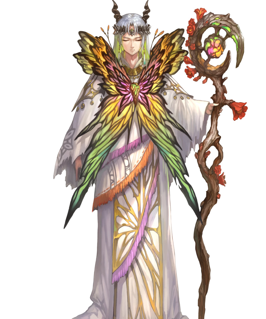 1boy closed_eyes earrings fire_emblem fire_emblem_heroes flower freyr_(fire_emblem) full_body highres horns jewelry leaf long_hair necklace official_art solo staff tiara transparent_background white_hair