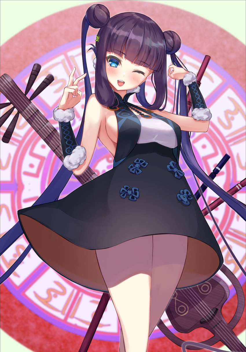 1girl bangs bare_shoulders black_dress blue_eyes blunt_bangs blush breasts china_dress chinese_clothes detached_sleeves double_bun dress fate/grand_order fate_(series) flute hair_ornament hands_up highres instrument large_breasts leaf_hair_ornament long_hair looking_at_viewer manawana one_eye_closed open_mouth pipa_(instrument) short_dress smile solo thighs twintails v very_long_hair yang_guifei_(fate/grand_order)