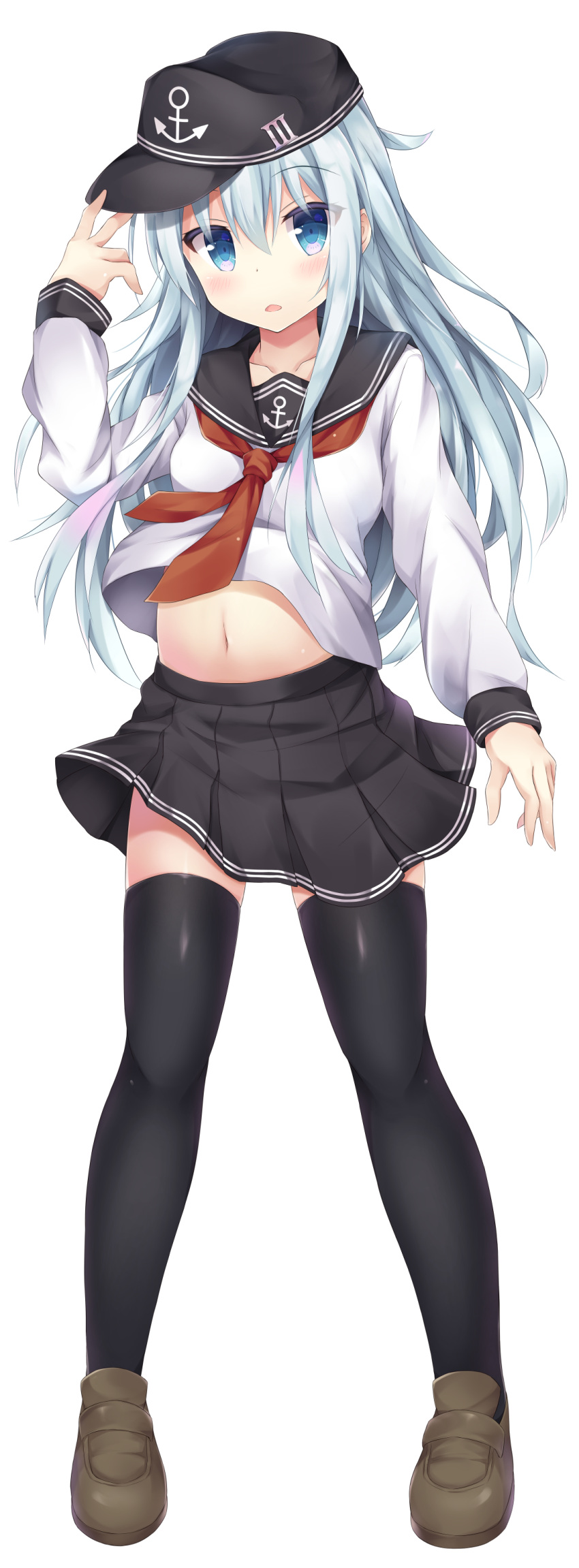 1girl absurdres black_legwear blue_eyes blush eyebrows_visible_through_hair flat_cap full_body hair_between_eyes hair_ornament hat hibiki_(kantai_collection) highres kantai_collection long_hair long_sleeves looking_at_viewer navel neckerchief open_mouth pleated_skirt school_uniform serafuku silver_hair skirt solo tf_(tfx2) thigh-highs