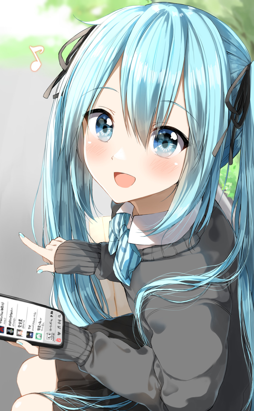 1girl :d absurdres ai_kotoba_(vocaloid) black_ribbon black_skirt black_sweater blue_eyes blue_hair blue_nails blue_neckwear blush bow bowtie cellphone collared_shirt commentary_request diagonal-striped_neckwear diagonal_stripes eighth_note fingernails hair_ribbon hatsune_miku highres holding holding_cellphone holding_phone index_finger_raised long_hair long_sleeves looking_at_viewer looking_to_the_side macaron_(vocaloid) musical_note nail_polish open_mouth pentagon_(railgun_ky1206) phone pleated_skirt ribbon rolling_girl_(vocaloid) shirt skirt sleeves_past_wrists smile solo striped striped_neckwear suisei_honeymoon_(vocaloid) sweater translated twintails very_long_hair vocaloid white_shirt