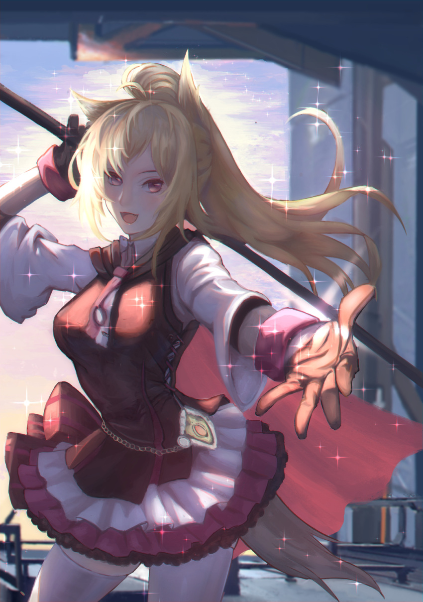 1girl :d animal_ears arknights bangs black_gloves blonde_hair day fang gloves highres holding holding_staff jacket long_hair looking_at_viewer necktie open_mouth outdoors outstretched_hand pink_eyes red_eyes skirt smile solo sora_(arknights) sparkle staff thigh-highs zoffyshiniki