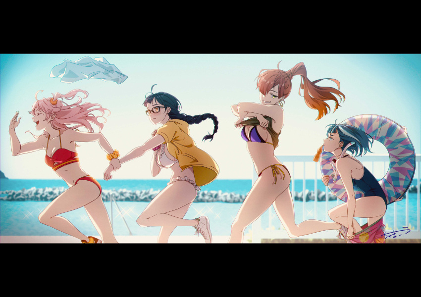 absurdres bangs beach bikini black_hair blue_eyes blue_hair blush braid breasts brown_hair chama_kou closed_eyes day drink earrings frilled_bikini frills from_side glasses grin hair_over_one_eye high_ponytail highres hood hoodie hoop_earrings innertube jewelry large_breasts letterboxed long_braid long_hair looking_at_another looking_back mole mole_under_eye mouth_hold multicolored_hair nose_blush ocean one-piece_swimsuit open_clothes open_hoodie open_mouth original outdoors pink_hair ponytail purple_bikini purple_scrunchie red_bikini running scrunchie scuba_gear shoes short_hair side-tie_bikini single_braid small_breasts smile sneakers streaked_hair summer swimsuit tank_top tank_top_lift twintails undressing white_bikini wrist_scrunchie yellow_eyes yellow_hoodie yellow_scrunchie