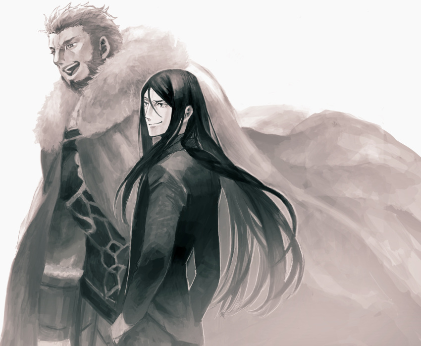 2boys armor beard cape facial_hair fate/grand_order fate/zero fate_(series) formal fur-trimmed_cape fur_trim highres long_hair lord_el-melloi_ii makimura_(miwmiw-cage) male_focus monochrome multiple_boys rider_(fate/zero) sidelocks smile suit waver_velvet