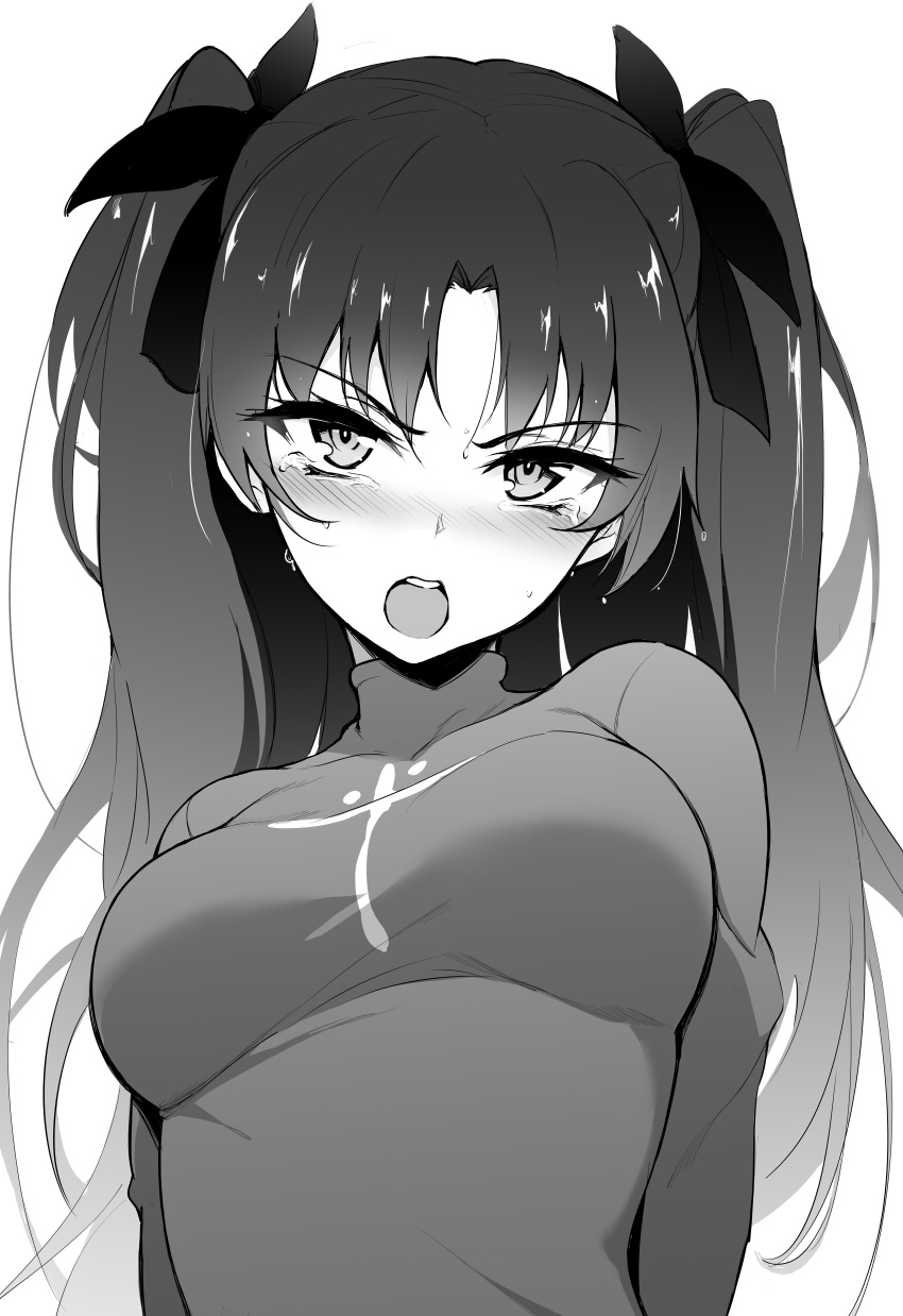 1girl absurdres arms_behind_back bangs blush bow breasts eyebrows_visible_through_hair fate/stay_night fate_(series) greyscale hair_bow highres kyokucho long_hair looking_at_viewer medium_breasts monochrome open_mouth parted_bangs simple_background solo sweater tearing_up tears toosaka_rin two_side_up upper_teeth v-shaped_eyebrows white_background