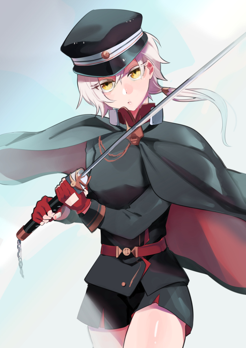 1girl azur_lane belt black_cape black_shirt black_shorts cape closed_mouth commentary_request cowboy_shot fingerless_gloves gloves hat head_tilt highres holding holding_sword holding_weapon jitome katana kinu_(azur_lane) long_sleeves looking_at_viewer low_ponytail military military_hat military_uniform nail_polish peaked_cap red_gloves red_nails shirt short_hair short_shorts shorts solo standing sword tied_hair uniform weapon white_hair yellow_eyes yukuu