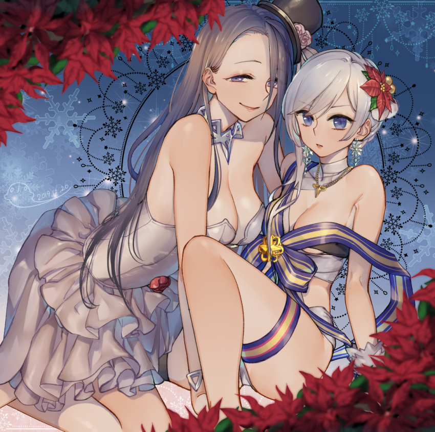 2girls asymmetrical_hair bandages black_hair blue_eyes breasts commentary_request cosplay costume_switch dress earrings eyebrows_visible_through_hair flower hair_flower hair_ornament half-closed_eyes hat jewelry kaguya_hime_(sinoalice) large_breasts long_hair looking_at_viewer multiple_girls naked_ribbon necklace ojo_aa ribbon sinoalice smile snow_white_(sinoalice) top_hat violet_eyes white_dress white_hair