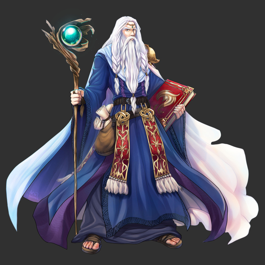 1boy absurdres athos_(fire_emblem) black_background book braid cape circlet cloudxmoe fire_emblem fire_emblem_heroes highres holding holding_book long_beard long_hair long_sleeves old_man sandals simple_background solo staff tunic white_hair wide_sleeves