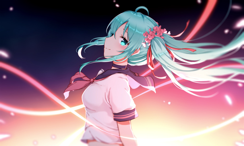1girl ahoge aqua_eyes aqua_hair backlighting blue_sailor_collar blurry blurry_background closed_mouth commentary english_commentary floating_hair flocflower flower from_side hair_between_eyes hair_flower hair_ornament hair_ribbon hatsune_miku light_blush long_hair looking_at_viewer midriff mixed-language_commentary neckerchief pink_flower pink_neckwear profile red_ribbon ribbon sailor_collar school_uniform serafuku shiny shiny_hair shirt short_sleeves smile solo upper_body very_long_hair vocaloid white_shirt