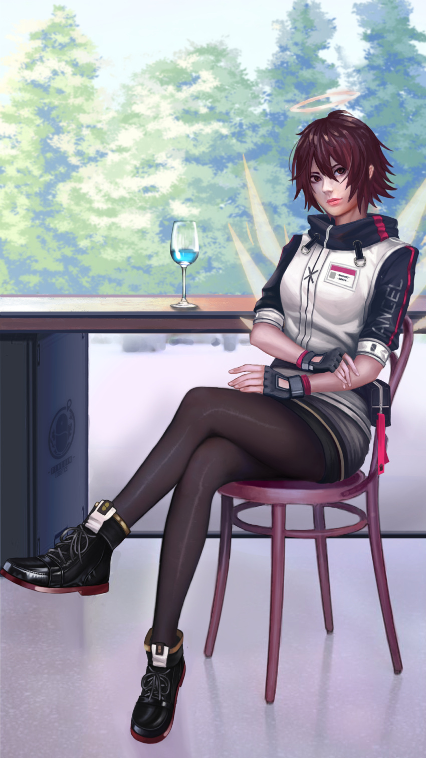 1girl arknights black_footwear black_gloves black_legwear brown_eyes brown_hair crossed_legs cup day drinking_glass exusiai_(arknights) fingerless_gloves glass gloves hair_between_eyes highres looking_at_viewer pantyhose short_hair short_sleeves shorts sitting solo tree wine_glass zoffyshiniki