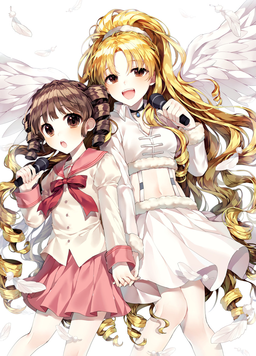2girls absurdres bangs blonde_hair blunt_bangs blush bow brown_eyes brown_hair buttons choker collar copyright_request curly_hair drill_hair feathered_wings feathers fur_trim ha_youn hair_ornament hair_scrunchie high_ponytail highres holding holding_hand holding_microphone juliet_sleeves long_hair long_sleeves looking_at_viewer microphone midriff multiple_girls music navel open_mouth parted_bangs pink_bow pink_skirt pleated_skirt puffy_sleeves sailor_collar school_uniform scrunchie simple_background singing skirt standing twintails white_background white_feathers white_skirt white_wings wings yellow_eyes
