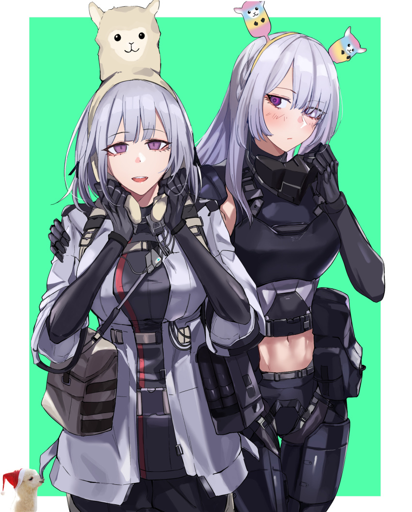 2girls absurdres ak-15_(girls_frontline) armpit_peek bag bangs blush braid breasts buckle cowboy_shot eyebrows_visible_through_hair eyes_visible_through_hair face_mask french_braid girls_frontline green_background hair_over_one_eye hand_on_another's_shoulder hands_up hat headgear height_difference highres jacket large_breasts llama long_hair looking_at_another looking_to_the_side mask midriff mmm_(ji1945) multiple_girls navel open_mouth parted_bangs pouch rpk-16_(girls_frontline) santa_hat satchel sidelocks silver_hair smile strap tactical_clothes thigh_gap two-tone_background upper_teeth violet_eyes white_background