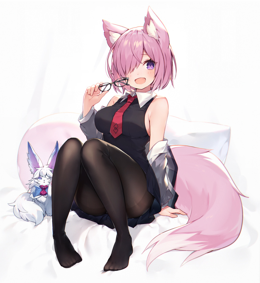 1girl animal_ear_fluff animal_ears bare_shoulders black_dress black_legwear blush bob_cut breasts collared_dress commentary_request dress eyebrows_visible_through_hair eyewear_removed fang fate/grand_order fate_(series) fluffy fou_(fate/grand_order) fox_ears fox_tail grey_sweater hair_over_one_eye highres holding holding_eyewear kemonomimi_mode looking_at_viewer mash_kyrielight medium_breasts muryotaro necktie no_shoes off-shoulder_sweater off_shoulder on_bed open_mouth pantyhose pillow pink_hair red_neckwear short_hair sideboob smile solo sweater tail thighband_pantyhose thighs violet_eyes