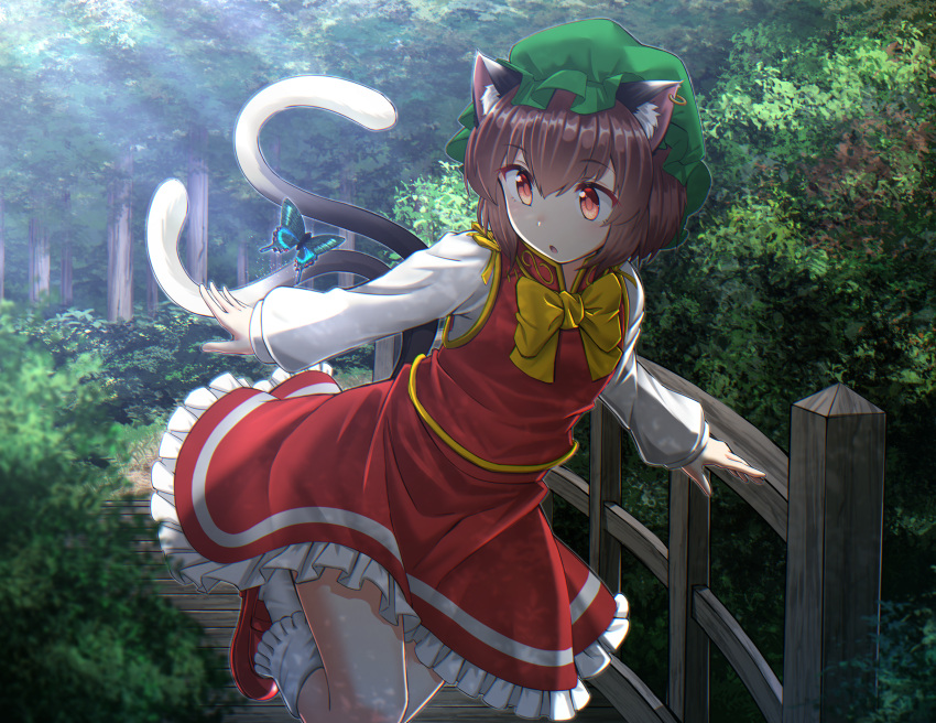 1girl :o absurdres animal_ear_fluff animal_ears arms_at_sides bangs blush bobby_socks bow bowtie bridge brown_hair bug bush butterfly cat_ears cat_tail chen chinese_clothes day forest frilled_skirt frills green_headwear hair_between_eyes hat high_collar highres huge_filesize insect jewelry kakutasu_(akihiron_cactus) leg_up light_particles light_rays loafers long_sleeves looking_at_animal looking_to_the_side mandarin_collar mob_cap multiple_tails nature orange_eyes outdoors outline outstretched_arms outstretched_hand red_footwear red_skirt red_vest ribbon road scenery shirt shoes short_hair sidelocks single_earring skirt skirt_set socks solo sunlight tail touhou tree two_tails undershirt vest white_legwear white_shirt wooden_bridge yellow_bow yellow_neckwear yellow_ribbon