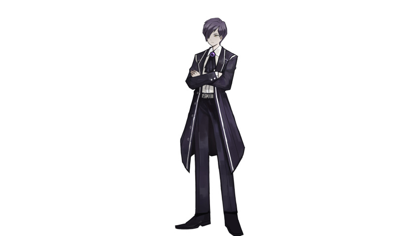 1boy belt brooch coat crossed_arms hair_over_one_eye highres jewelry library_of_ruina long_coat looking_at_viewer official_art open_clothes open_coat purple_hair serious shirt short_hair solo white_shirt yellow_eyes yesod_(library_of_ruina)