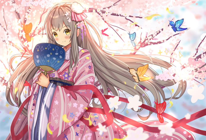 1girl ame_sagari animal bangs blurry blurry_background blush brown_eyes brown_hair bug butterfly cherry_blossoms closed_mouth commentary_request depth_of_field eyebrows_visible_through_hair fan floral_print flower holding holding_fan insect japanese_clothes kimono long_hair long_sleeves original paper_fan pink_flower pink_kimono print_kimono red_ribbon ribbon smile solo sparkle tree uchiwa very_long_hair white_flower wide_sleeves