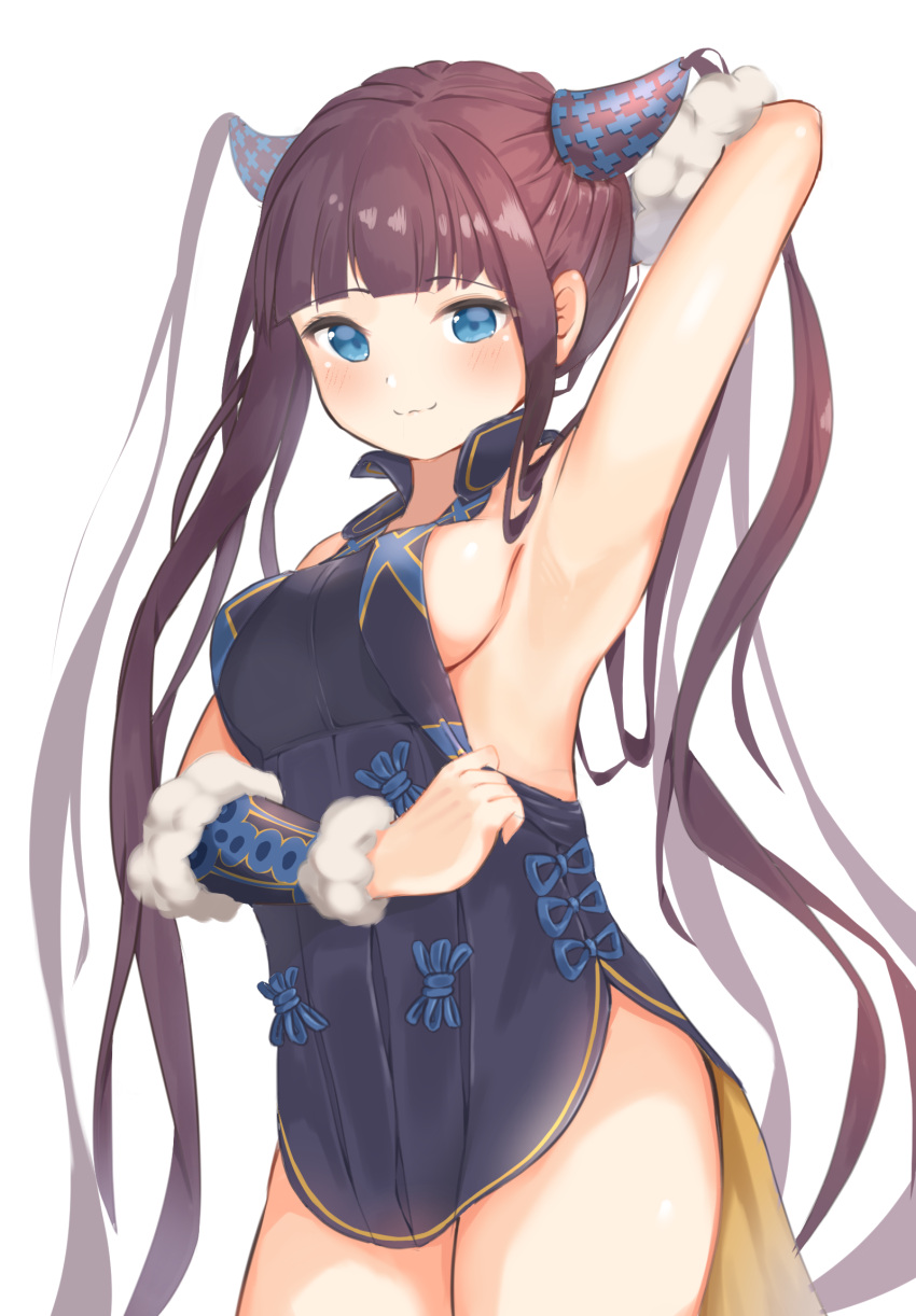 1girl :3 arm_up armpits bangs bare_shoulders black_dress black_hair blue_eyes blunt_bangs blush breasts china_dress chinese_clothes detached_sleeves dress fate/grand_order fate_(series) highres long_hair presenting_armpit sideboob solo takeroku twintails yang_guifei_(fate/grand_order)