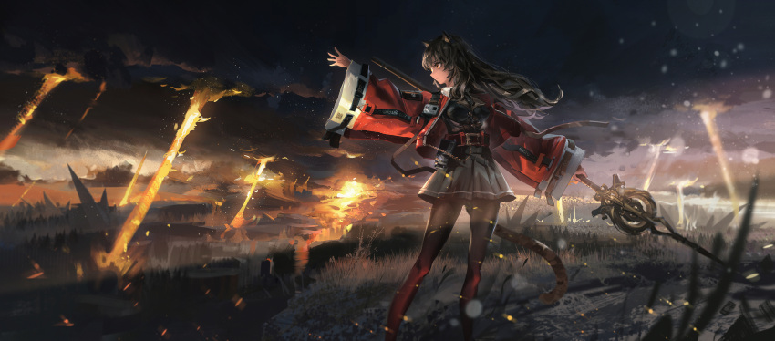 absurdres arknights bangs belt black_hair breasts cat_tail clouds cloudy_sky commentary_request earrings feet_out_of_frame from_side grass highres holding holding_weapon jewelry kvpk5428 long_hair long_sleeves medium_breasts miniskirt pantyhose reaching_out skirt sky skyfire_(arknights) solo standing tail wavy_hair weapon wide_sleeves yellow_eyes