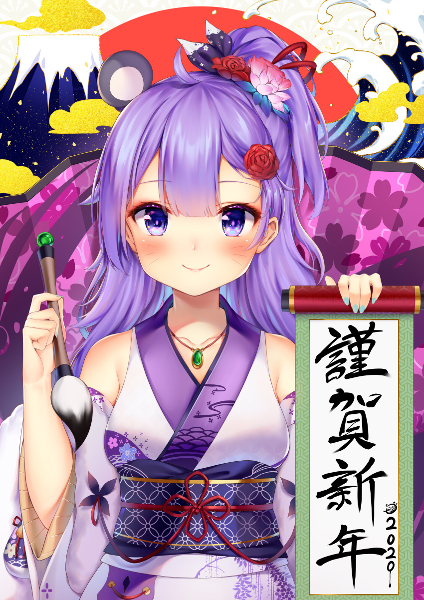 1girl 2020 absurdres ahoge animal_ears azur_lane bangs bare_shoulders black_ribbon blue_nails blush breasts chinese_zodiac closed_mouth commentary_request detached_sleeves eyebrows_visible_through_hair floral_print flower hair_flower hair_ornament hair_ribbon highres japanese_clothes kimono long_hair mountain mouse_ears nail_polish nengajou new_year obi one_side_up pink_flower print_kimono purple_hair red_flower red_rose ribbon rose sash short_sleeves sleeveless sleeveless_kimono small_breasts smile solo taitai unicorn_(azur_lane) violet_eyes waves whisker_markings white_kimono white_sleeves wide_sleeves year_of_the_rat