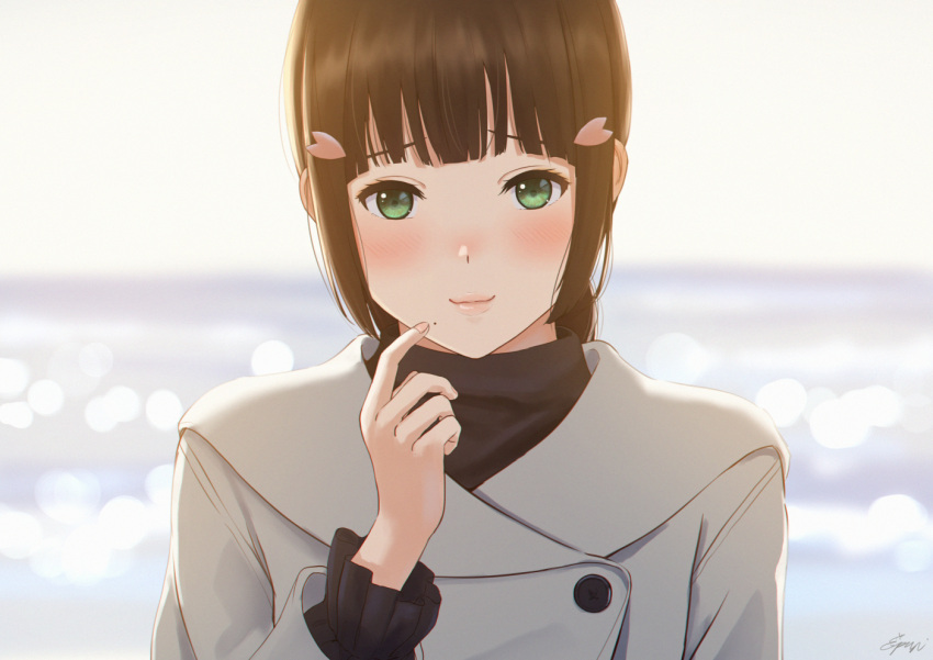 1girl alternate_costume bangs black_hair blunt_bangs blurry blurry_background blush casual closed_mouth commentary_request day depth_of_field double-breasted frilled_sleeves frills green_eyes grey_coat hair_ornament hairclip kurosawa_dia long_hair love_live! love_live!_sunshine!! mole mole_under_mouth outdoors papi_(papiron100) pink_lips pointing pointing_at_self smile solo sunlight upper_body