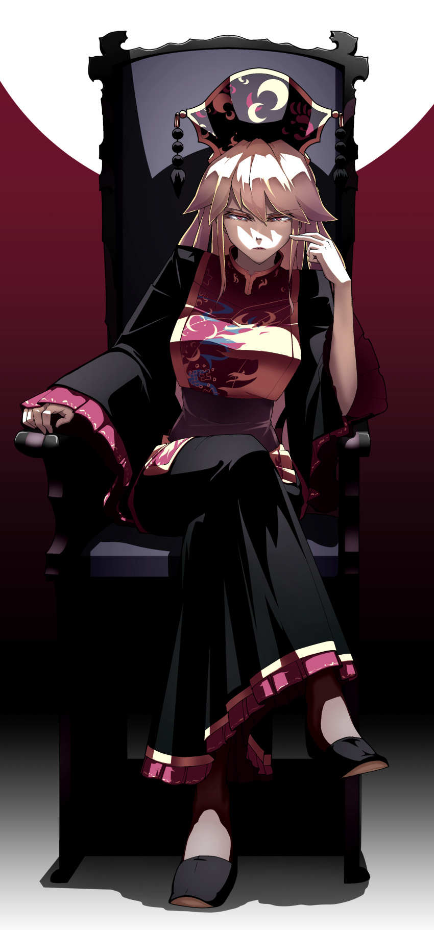 1girl absurdres arm_support black_dress black_footwear black_headwear blonde_hair breasts chair closed_mouth crescent crossed_legs dress frown hand_up highres junko_(touhou) kikoka_(mizuumi) large_breasts long_sleeves looking_at_viewer red_eyes shoes sitting solo tabard tassel touhou wide_sleeves