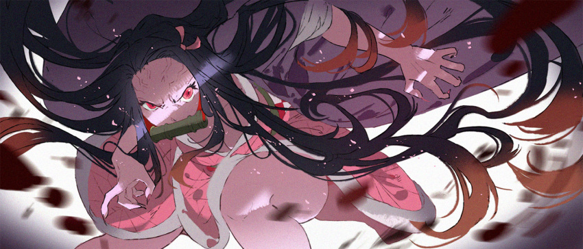 1girl action angry asa_no_ha_(pattern) bamboo bit_gag black_hair black_haori black_nails checkered_obi felicia_chen fingernails forehead gag glaring gradient_hair hair_ribbon japanese_clothes kamado_nezuko kimetsu_no_yaiba kimono leg_up long_hair looking_at_viewer motion_blur mouth_hold multicolored_hair pale_skin pink_eyes pink_hair pink_kimono pink_ribbon ribbon sharp_fingernails solo standing veins very_long_hair