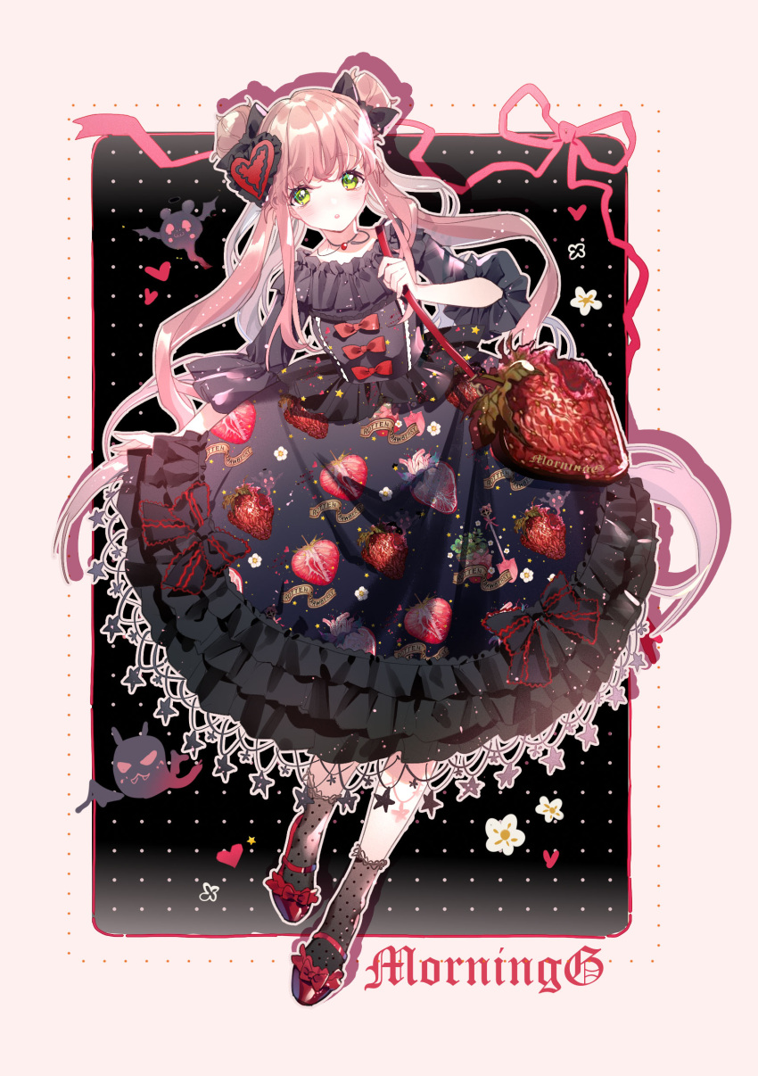 1girl :o absurdres bag bangs black_bow black_dress black_legwear bow clothes_writing double_bun dress flower food_print food_themed_bag frilled_dress frilled_sleeves frills full_body green_eyes hair_bow hair_ornament heart heart_hair_ornament highres holding_strap jewelry lolita_fashion long_hair looking_at_viewer original outline pendant pink_hair pink_ribbon print_dress red_bow red_footwear ribbon short_sleeves shoulder_bag socks solo star strawberry_bag strawberry_print twintails very_long_hair white_outline yuzhi