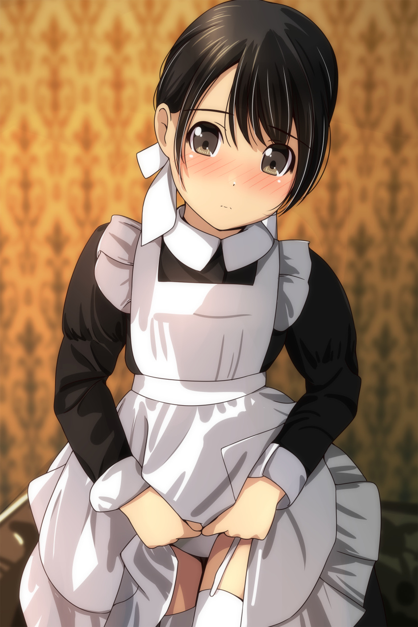 1girl absurdres apron bangs black_dress black_hair blurry blurry_background blush brown_eyes closed_mouth collared_dress depth_of_field dress dress_lift eyebrows_visible_through_hair frilled_apron frills garter_straps hair_between_eyes highres juliet_sleeves lifted_by_self long_sleeves looking_at_viewer maid maid_apron matsunaga_kouyou nose_blush original panties puffy_sleeves solo thigh-highs underwear wavy_mouth white_apron white_legwear white_panties