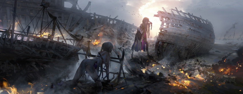 2girls absurdres all_fours bare_shoulders bird blonde_hair blurry_foreground chain clouds cloudy_sky commentary_request dirty fire hand_on_own_head highres holding kvpk5428 long_hair multiple_girls one_eye_closed original rock shipwreck sky smoke standing torn_clothes twintails water wide_shot wood