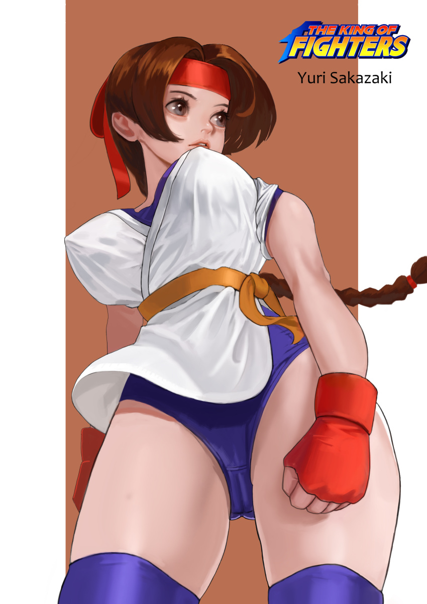 1girl absurdres ass ass_visible_through_thighs braid breasts brown_eyes brown_hair chlansgur1 commentary dougi fingerless_gloves gloves headband highres long_hair ryuuko_no_ken single_braid snk solo the_king_of_fighters thigh-highs yuri_sakazaki