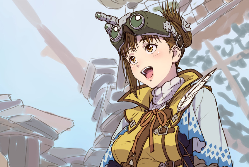 1girl brown_eyes brown_hair commentary_request eyebrows_visible_through_hair feathers goggles goggles_on_head nigou open_mouth original shoulder_belt sketch solo sweater turtleneck turtleneck_sweater updo vest
