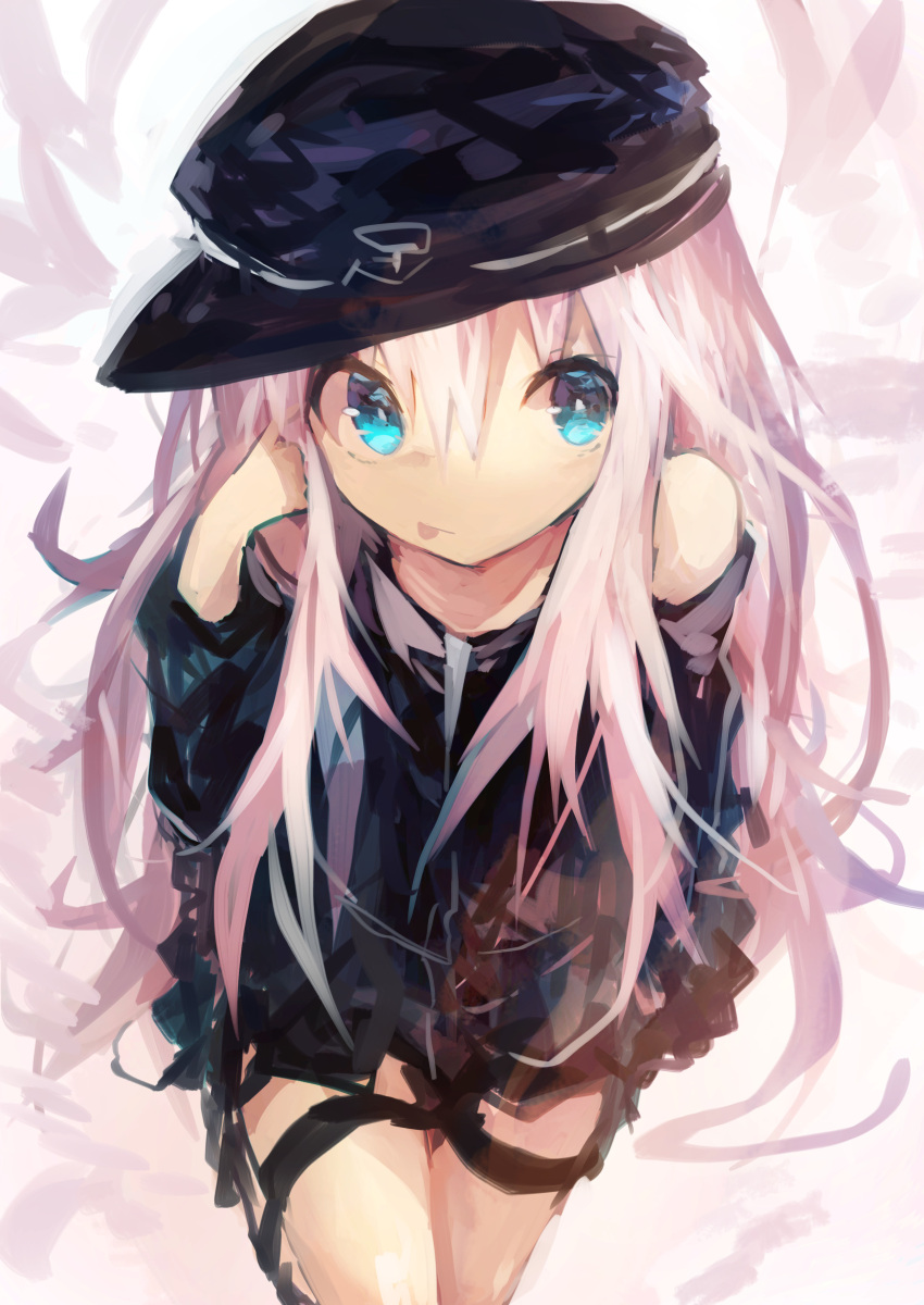 1girl :p absurdres bangs bare_shoulders black_headwear black_skirt blue_eyes flat_cap hair_between_eyes hat hibiki_(kantai_collection) highres kaamin_(mariarose753) kantai_collection long_hair long_sleeves sidelocks simple_background skirt solo tongue tongue_out white_background white_hair