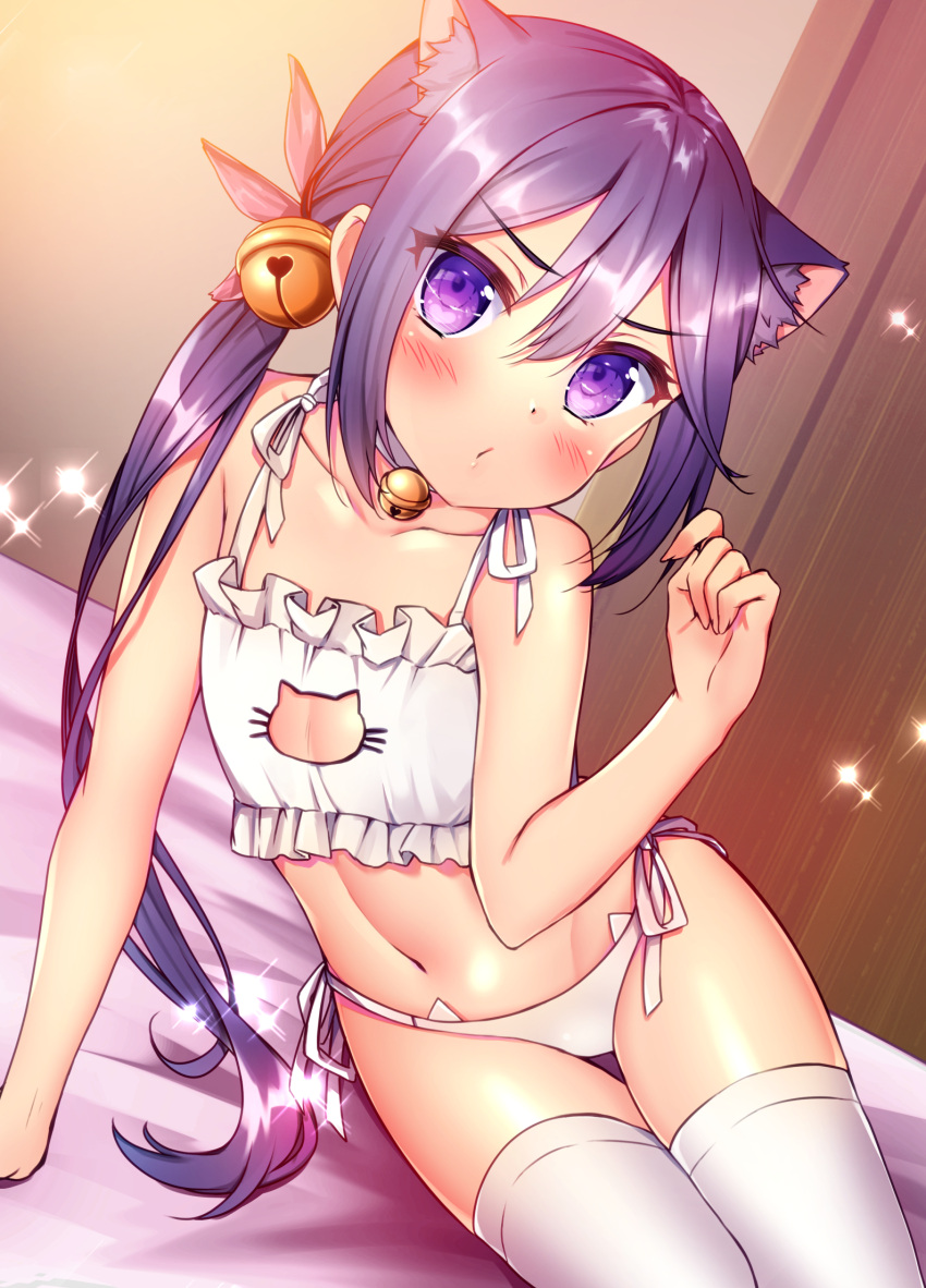 1girl akebono_(kantai_collection) alternate_costume animal_ears bed bell bra cat_cutout cat_ear_panties cat_ears cat_lingerie cat_tail cleavage_cutout commentary_request cowboy_shot door flat_chest flower frilled_bra frills hair_bell hair_flower hair_ornament highres indoors jingle_bell kantai_collection lingerie long_hair looking_at_viewer meme_attire midriff navel panties purple_hair side-tie_panties side_ponytail sitting solo sparkle tail thigh-highs thigh_gap underwear very_long_hair violet_eyes white_bra white_legwear white_panties yokozuwari yuuzaki