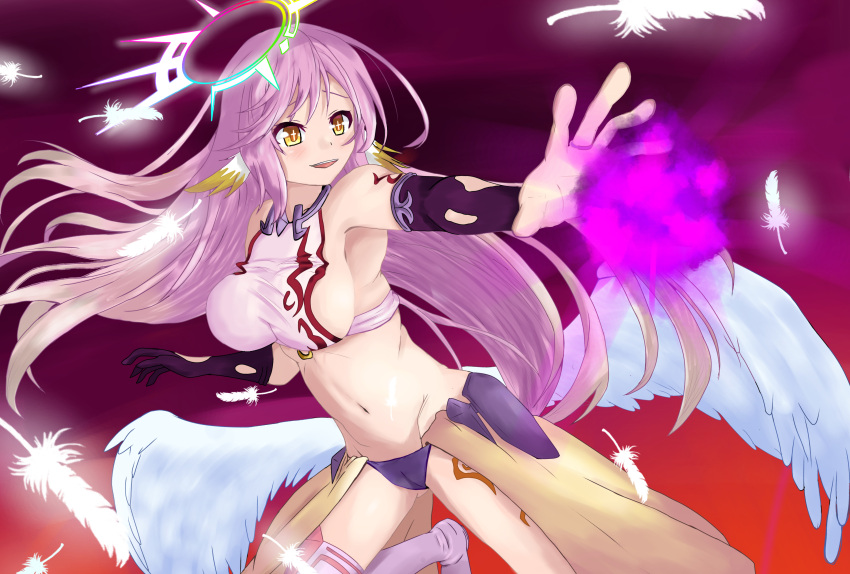+_+ 1girl :d absurdres angel_wings arm_tattoo ass_visible_through_thighs bangs breasts commentary_request cowboy_shot cross darkness elbow_gloves falling_feathers feathered_wings gloves gradient gradient_background gradient_hair groin halo highres jibril_(no_game_no_life) large_breasts leg_tattoo long_hair looking_to_the_side low_wings magic_circle midriff mismatched_legwear multicolored multicolored_eyes multicolored_hair navel no_game_no_life nose_(user_uvry3787) open_mouth outstretched_arm panties pink_hair pink_legwear pink_shirt purple_background purple_gloves purple_panties shirt sideboob single_bridal_gauntlet single_elbow_glove single_thighhigh sleeveless sleeveless_shirt smile solo symbol-shaped_pupils tattoo taut_clothes taut_shirt thigh-highs torn_clothes torn_gloves underwear waist_cape white_wings wing_ears wings