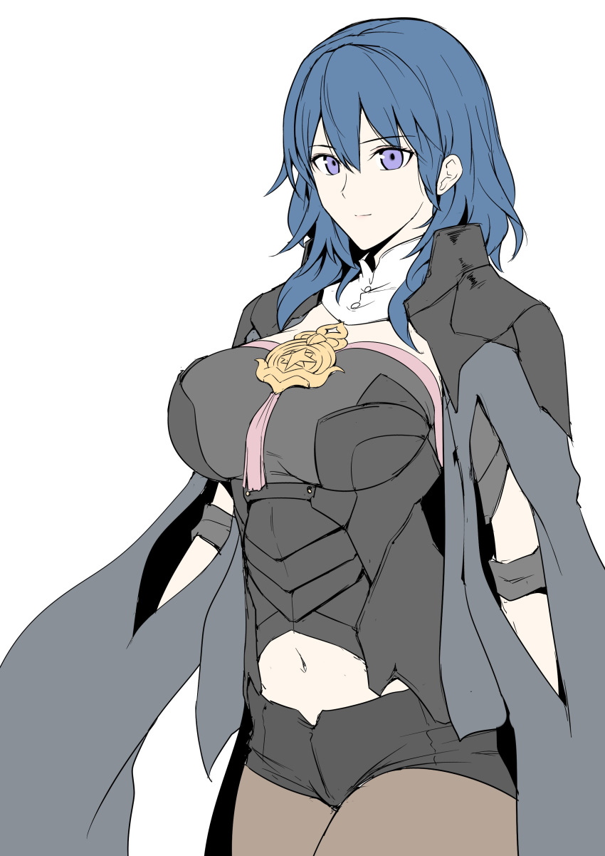 1girl absurdres armor bangs black_armor black_cape black_shorts blue_eyes blue_hair breasts byleth_(fire_emblem) byleth_eisner_(female) cape closed_mouth fire_emblem fire_emblem:_three_houses hair_between_eyes harukon_(halcon) highres large_breasts long_hair looking_at_viewer medallion navel pantyhose pauldrons plackart short_shorts short_sleeves shorts simple_background smile solo tassel thighs white_background
