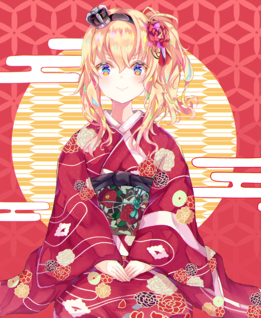 1girl absurdres bangs blonde_hair blush crown eyebrows_visible_through_hair floral_print hair_ornament hair_up hairband hands_on_lap highres japanese_clothes kantai_collection kimono long_hair long_sleeves mini_crown multicolored multicolored_eyes obi ponytail red_background sa-ya2 sash side_ponytail sidelocks smile solo warspite_(kantai_collection) wide_sleeves