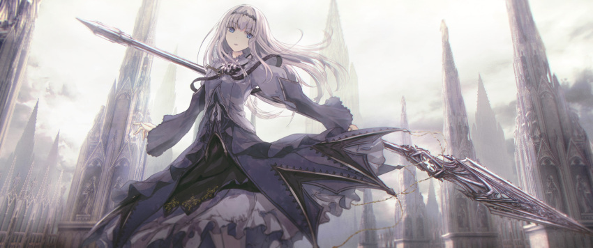 1girl bangs blue_eyes clouds cloudy_sky commentary_request dress eyebrows_visible_through_hair flower frills grey_dress headpiece highres holding holding_spear holding_weapon juliet_sleeves long_hair long_sleeves looking_at_viewer missile228 original outdoors outstretched_arms parted_lips polearm puffy_sleeves silver_hair sky solo spear tower weapon white_flower wide_sleeves