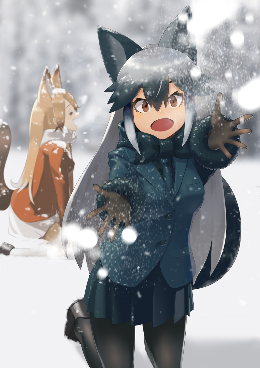 2girls :d =_= animal_ears autism_wanderer bangs black_footwear black_gloves black_hair black_jacket black_legwear black_neckwear black_skirt blonde_hair bow bowtie brown_eyes brown_hair commentary_request extra_ears eyebrows_visible_through_hair ezo_red_fox_(kemono_friends) fox_ears fox_girl fox_tail fur-trimmed_sleeves fur_trim gloves gradient_hair grey_hair hair_between_eyes highres jacket kemono_friends long_hair long_sleeves looking_at_viewer multicolored_hair multiple_girls necktie open_mouth orange_jacket outdoors outstretched_arms pantyhose pleated_skirt shoes silver_fox_(kemono_friends) skirt smile snow snowing tail white_legwear white_neckwear white_skirt