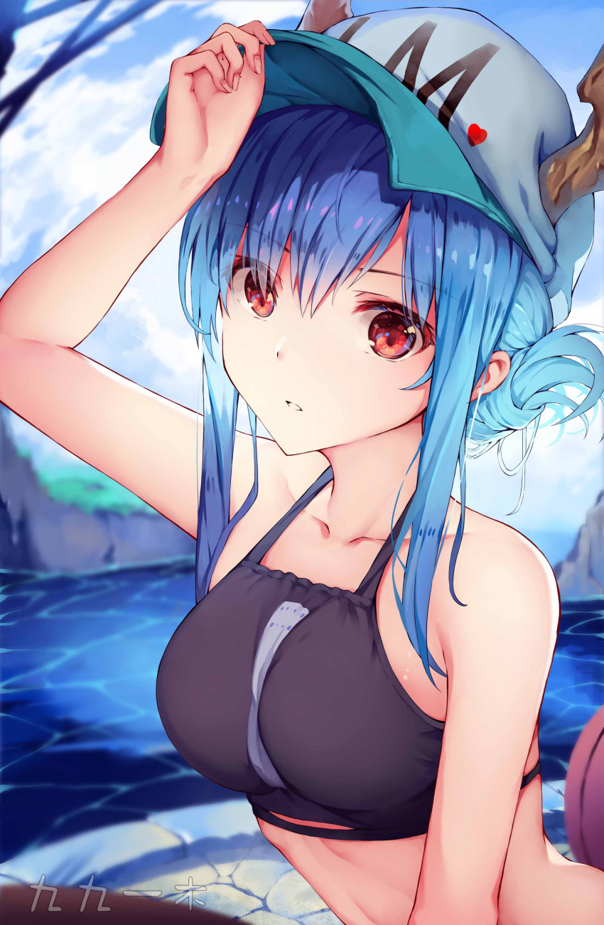 1girl absurdres arknights bangs black_bikini_top blonde_hair blurry blurry_background ch'en_(arknights) collarbone eyebrows_visible_through_hair hair_between_eyes highres long_hair looking_at_viewer parted_lips rafael-m red_eyes shiny shiny_hair solo upper_body