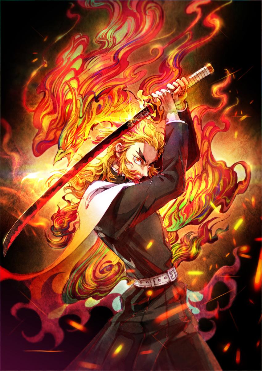 1boy arms_up belt bird black_pants blonde_hair blurry burning cape clothes_writing commentary_request cowboy_shot eyebrows fire glint hair_slicked_back highres holding holding_sword holding_weapon katana kimetsu_no_yaiba long_sleeves looking_at_viewer micho multicolored_hair pants phoenix pleated_pants redhead rengoku_kyoujurou streaked_hair sword weapon white_cape