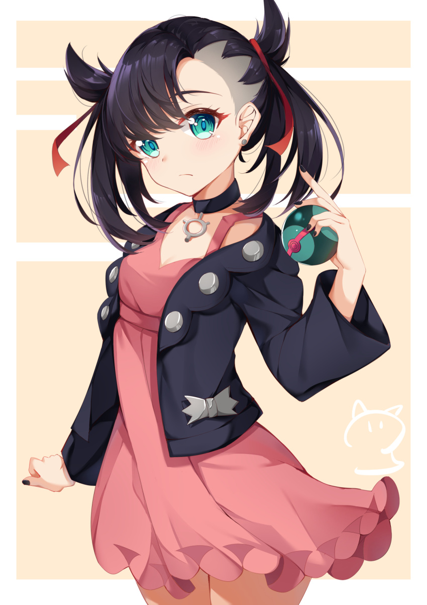 1girl asymmetrical_bangs bangs black_choker black_hair black_jacket black_nails blush breasts brown_background choker closed_mouth dress dusk_ball earrings eyebrows_behind_hair green_eyes hair_ribbon head_tilt highres holding holding_poke_ball jacket jewelry long_sleeves looking_at_viewer mary_(pokemon) nahaki nail_polish open_clothes open_jacket pink_dress poke_ball pokemon pokemon_(game) pokemon_swsh red_ribbon ribbon small_breasts solo stud_earrings twintails two-tone_background white_background wide_sleeves