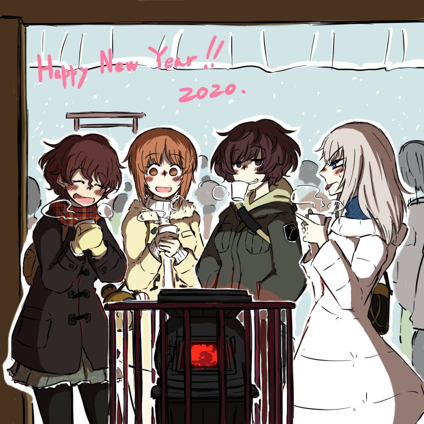 2020 4girls akaboshi_koume akiyama_yukari blush boko_(girls_und_panzer) brown_hair cat's_tongue coat crowd girls_und_panzer grey_hair grin happy_new_year highres hot_drink itsumi_erika miniskirt mittens mouth_hold multiple_girls new_year nishizumi_miho noumen pantyhose scarf short_hair skirt smile snow steam stove sweatdrop tongue tongue_out winter winter_clothes