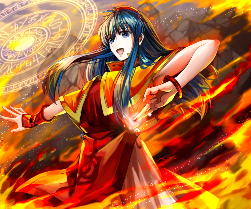1girl armpits bangs blue_eyes blue_hair bracelet capelet clouds cloudy_sky commentary_request delsaber eyelashes feet_out_of_frame fire fire_emblem fire_emblem:_the_binding_blade hair_blowing jewelry lilina_(fire_emblem) long_hair looking_at_viewer magic magic_circle open_mouth outstretched_arm red_headwear red_shirt shiny shiny_hair shirt short_sleeves sidelocks skirt sky sleeveless sleeveless_shirt solo vambraces white_skirt