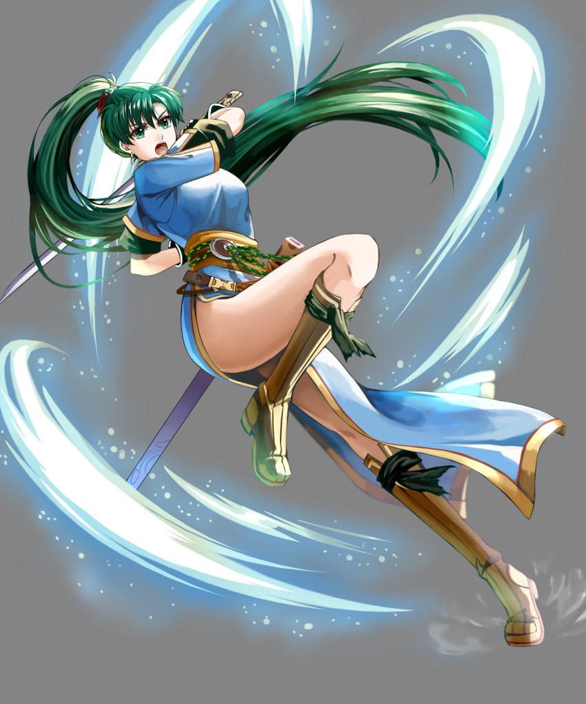 1girl arm_up asymmetrical_bangs attack bangs blue_dress boots breasts brown_footwear commentary_request delsaber dress eyelashes fingerless_gloves fire_emblem fire_emblem:_rekka_no_ken fire_emblem:_the_blazing_blade fire_emblem_7 fire_emblem_blazing_sword gloves glowing gold_trim green_eyes green_hair grey_background hair_between_eyes hair_ornament high_ponytail highleg highres holding holding_sword holding_weapon intelligent_systems jewelry katana knee_boots leaning_back leg_up long_hair looking_at_viewer lyn_(fire_emblem) medium_breasts motion_lines nintendo open_mouth sash sheath shiny shiny_hair short_sleeves simple_background solo sparkle sword thighs undershirt weapon