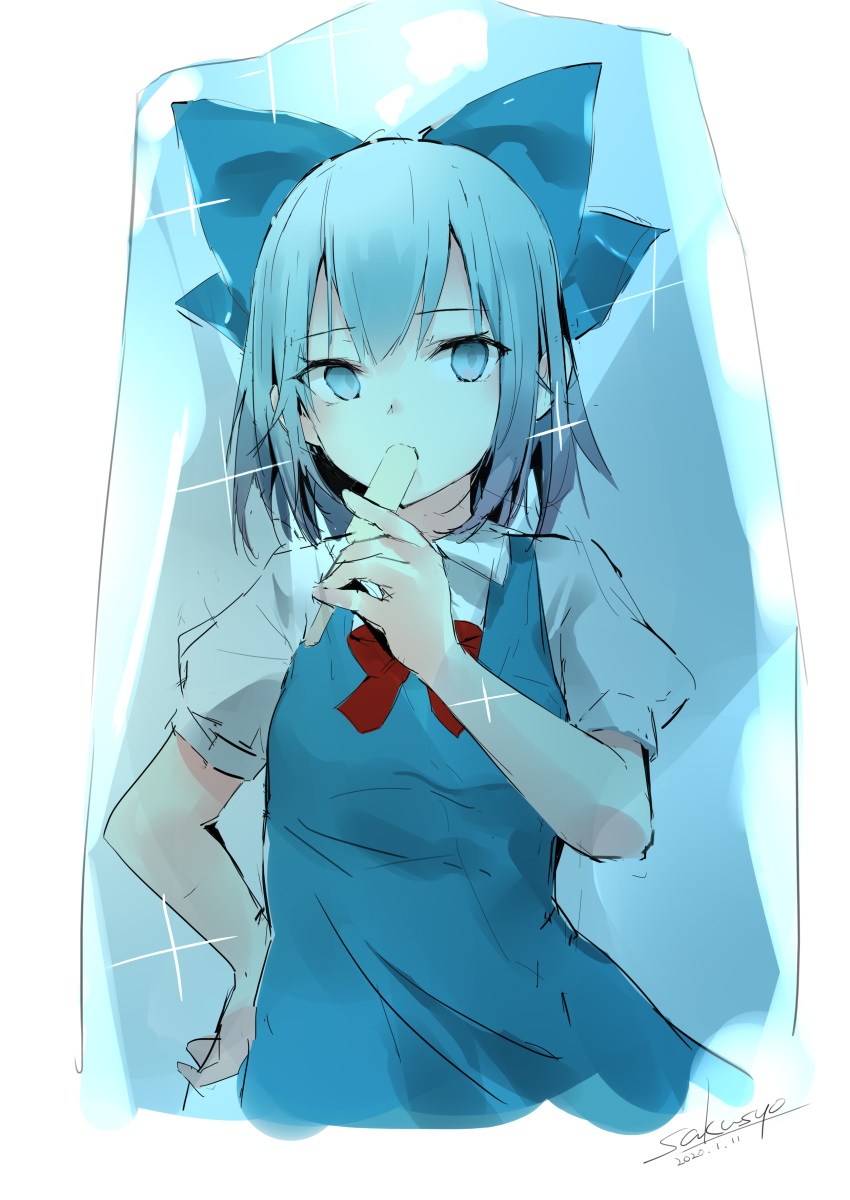 1girl absurdres artist_name bangs blue_bow blue_dress blue_eyes blue_hair bow bowtie cirno commentary dated dress eyebrows_visible_through_hair food food_in_mouth frozen hair_bow hand_on_hip highres holding holding_food looking_at_viewer pinafore_dress popsicle puffy_short_sleeves puffy_sleeves red_bow red_neckwear sakusyo shirt short_hair short_sleeves sidelocks signature sketch solo sparkle touhou upper_body white_shirt