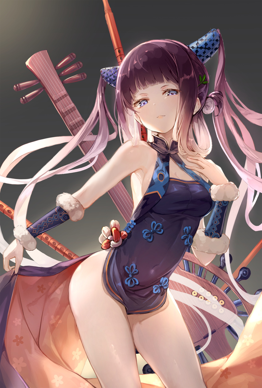 1girl absurdres bangs bare_shoulders black_dress blunt_bangs breasts china_dress chinese_clothes closed_mouth dress fate/grand_order fate_(series) floral_print fur_trim hair_ornament highres hon_(neo2462) leaf_hair_ornament light_smile long_hair looking_at_viewer medium_breasts pipa_(instrument) purple_hair short_dress solo standing violet_eyes wrist_cuffs yang_guifei_(fate/grand_order)