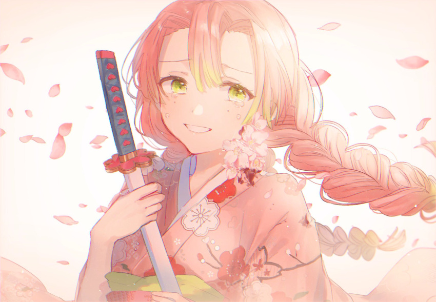 1girl alternate_costume braid floral_print flower gradient gradient_background gradient_hair green_eyes green_hair hair_between_eyes happy_tears heart heart_print highres japanese_clothes kanroji_mitsuri katana kimetsu_no_yaiba kimono long_hair looking_at_viewer mole mole_under_eye multicolored_hair oyuyu parted_lips petals pink_background pink_hair pink_kimono ponytail scabbard sheath sheathed simple_background smile solo sword tears tri_braids two-tone_hair upper_body weapon white_background wind