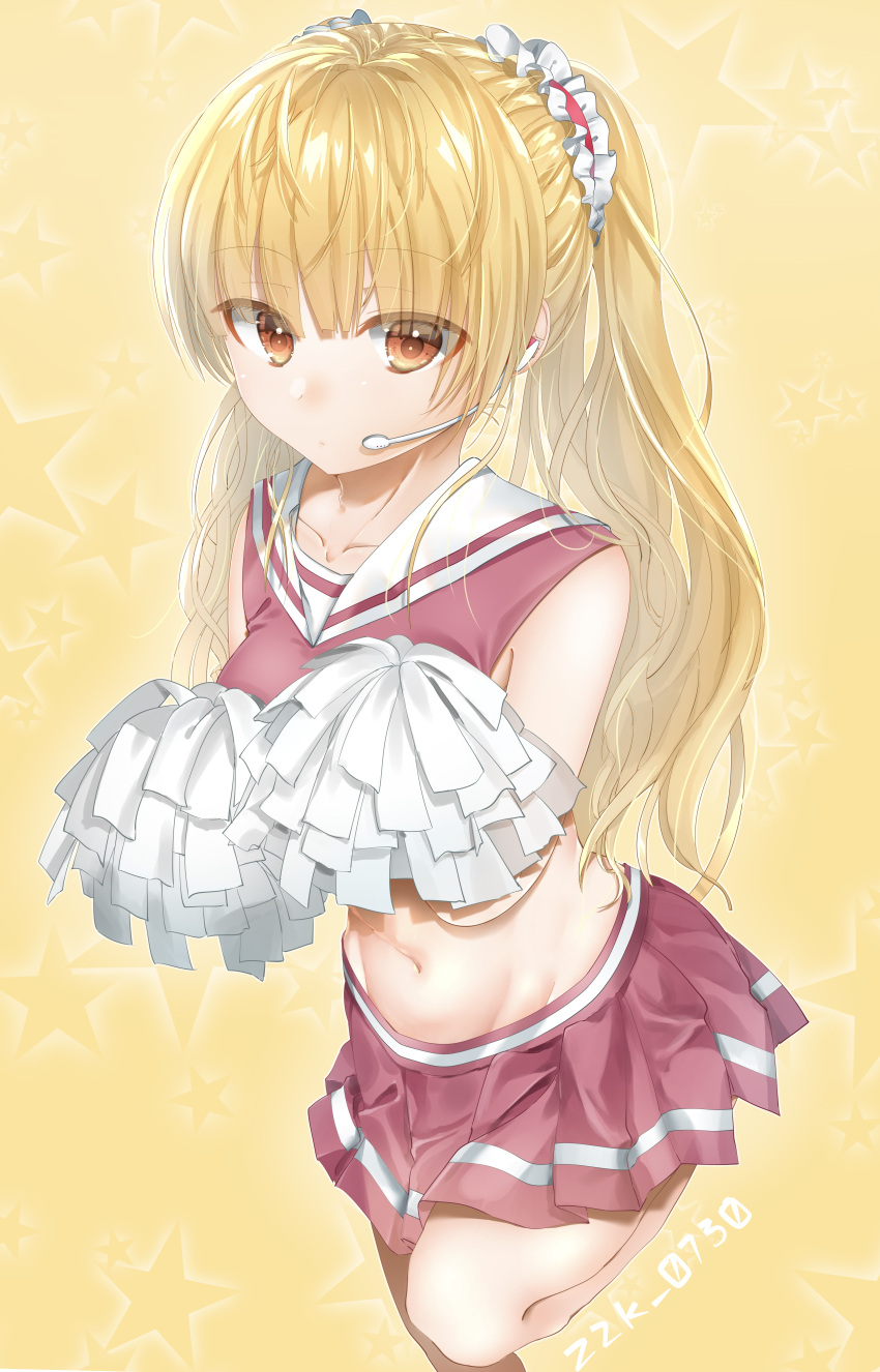 1girl absurdres alternate_costume angel_beats! blonde_hair brown_eyes cheerleader commentary_request cowboy_shot crop_top crop_top_overhang hair_ribbon headset highres long_hair looking_at_viewer microphone midriff pink_skirt pleated_skirt pom_poms ribbon skirt solo star starry_background twintails yellow_background yusa_(angel_beats!) zuzuhashi