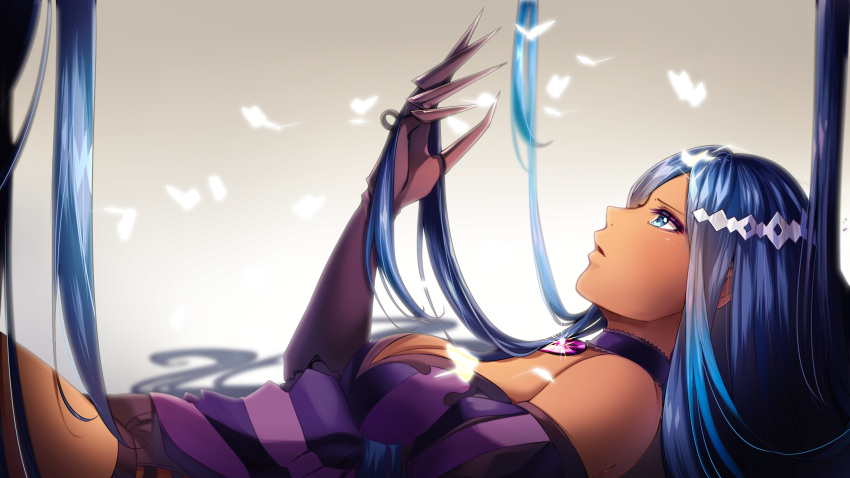 1girl amulet blue_eyes blue_hair breasts bug butterfly claws collar commentary dark_skin dress frilled_collar frills glowing_butterfly hand_up highres insect long_hair looking_up lying medium_breasts merli_(vocaloid) on_back parted_lips purple_dress short_shorts shorts solo tan upper_body very_long_hair vocaloid yen-mi