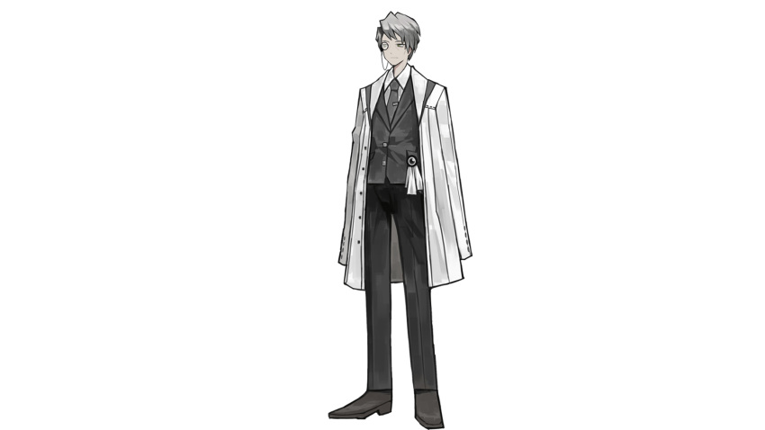 1boy brooch coat green_eyes grey_hair highres hokma_(library_of_ruina) jacket_on_shoulders jewelry library_of_ruina long_coat looking_to_the_side monocle necktie official_art open_clothes open_coat shirt simple_background solo
